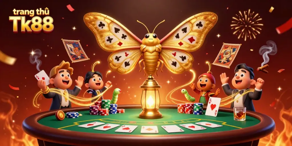 Experience excitement on trang chủ Tk88 with colorful casino elements and a vibrant 3D moth illustration.
