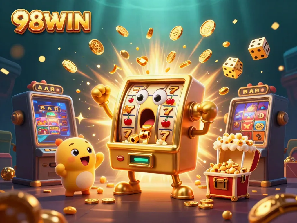 98WIN slot machine hits jackpot with coins cascading, accompanied by cheering baby slots and a popcorn machine.
