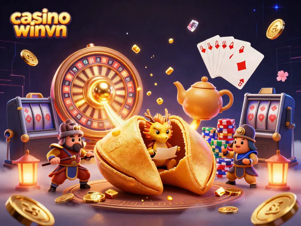 Experience dynamic gameplay at casino winvn with a vibrant illustration of fortune-themed characters and casino elements.