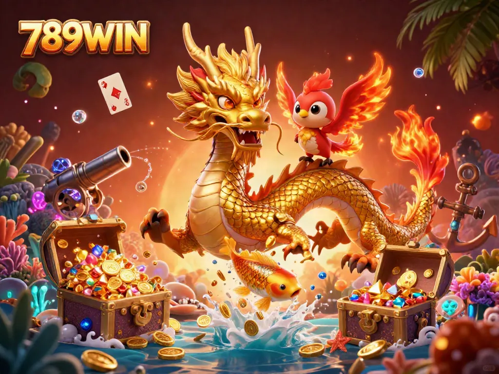 Experience the vibrant excitement of 789WIN as the golden dragon and red phoenix soar through a cascade of coins.
