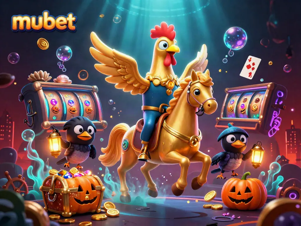 Join the excitement at mubet with vibrant casino action, featuring golden rooster and spectral horse.