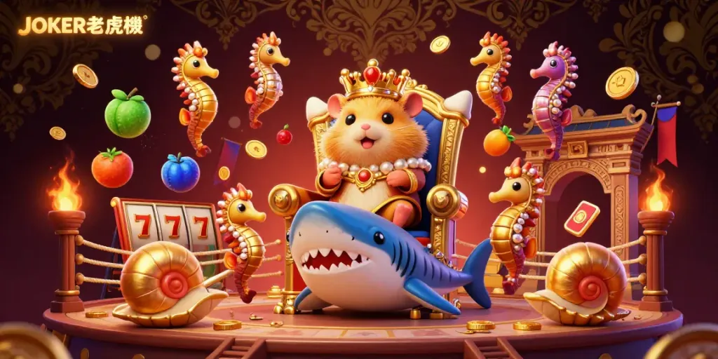 Experience the excitement of JOKER老虎機 with a bold golden hamster king, vibrant slot elements, and a lavish casino atmosphere.
