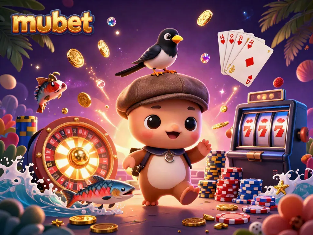 Spin to win with mubet and the playful Loch Ness monster amidst cascading gold coins and poker elements.