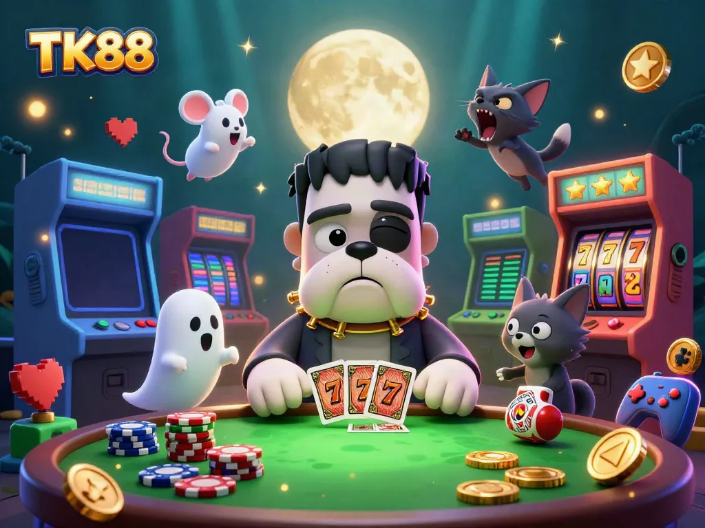 Experience thrilling casino action with TK88 in this dynamic 3D scene of monsters playing cards and gaming elements.