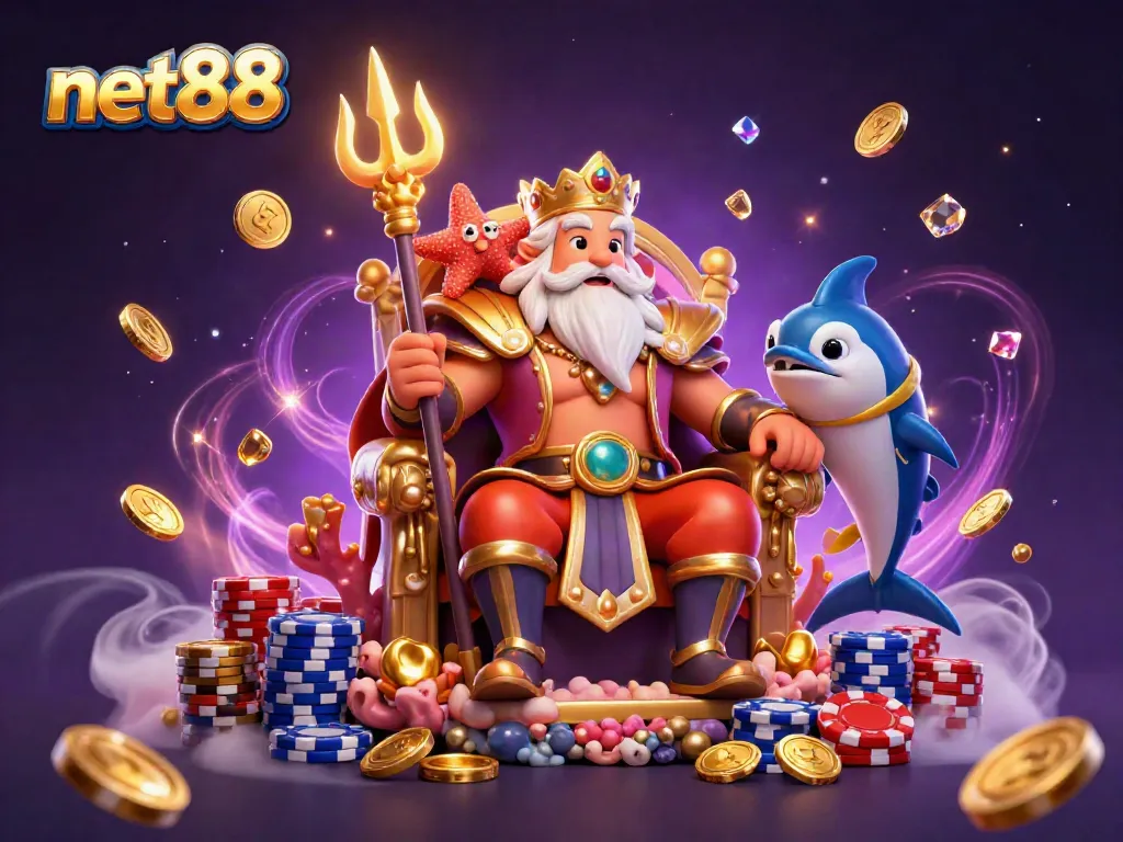 Experience the excitement of net88, featuring a lively scene with a cartoon sea king surrounded by casino elements.