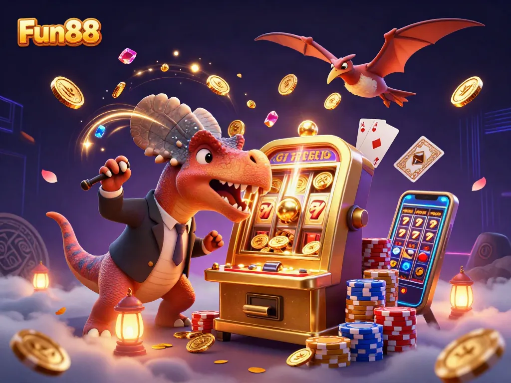 Fun88 slots attract players, with cartoon dinosaurs celebrating a big jackpot in vibrant casino scene.