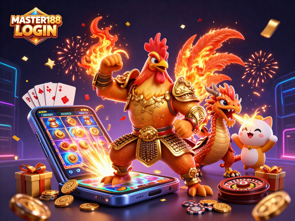 Experience the thrill of MASTER188 LOGIN with a vibrant casino-themed 3D illustration featuring animated characters and gaming elements.