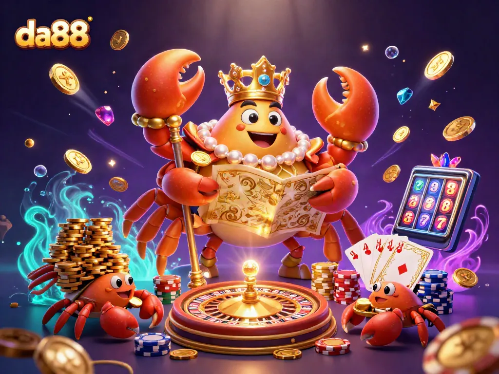 Experience thrilling wins at da88 with a vibrant casino scene featuring a golden crab emperor and exciting game elements.