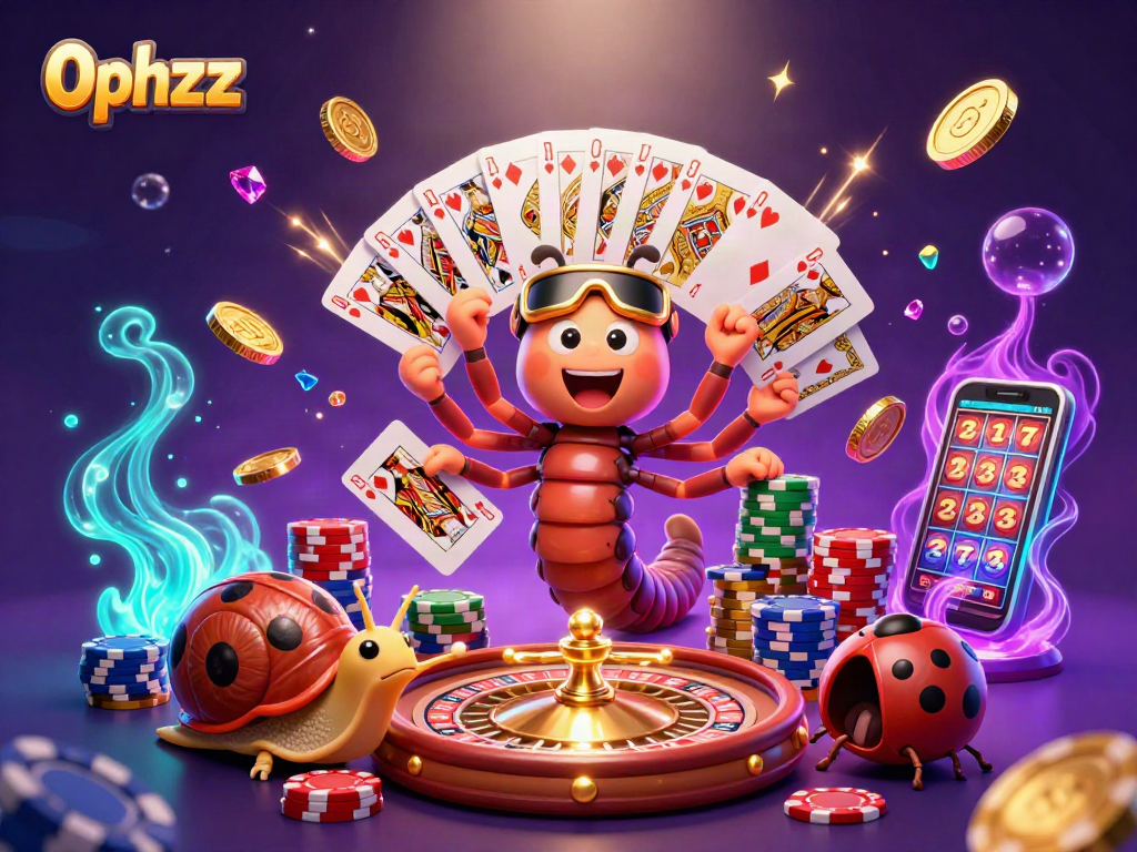 Experience thrilling action at 0phzzz with a cartoon casino scene featuring sparkling game elements.