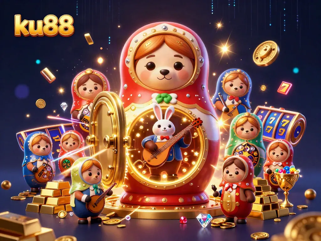 Win big at ku88 with this vibrant casino illustration filled with golden treasures and gaming excitement.
