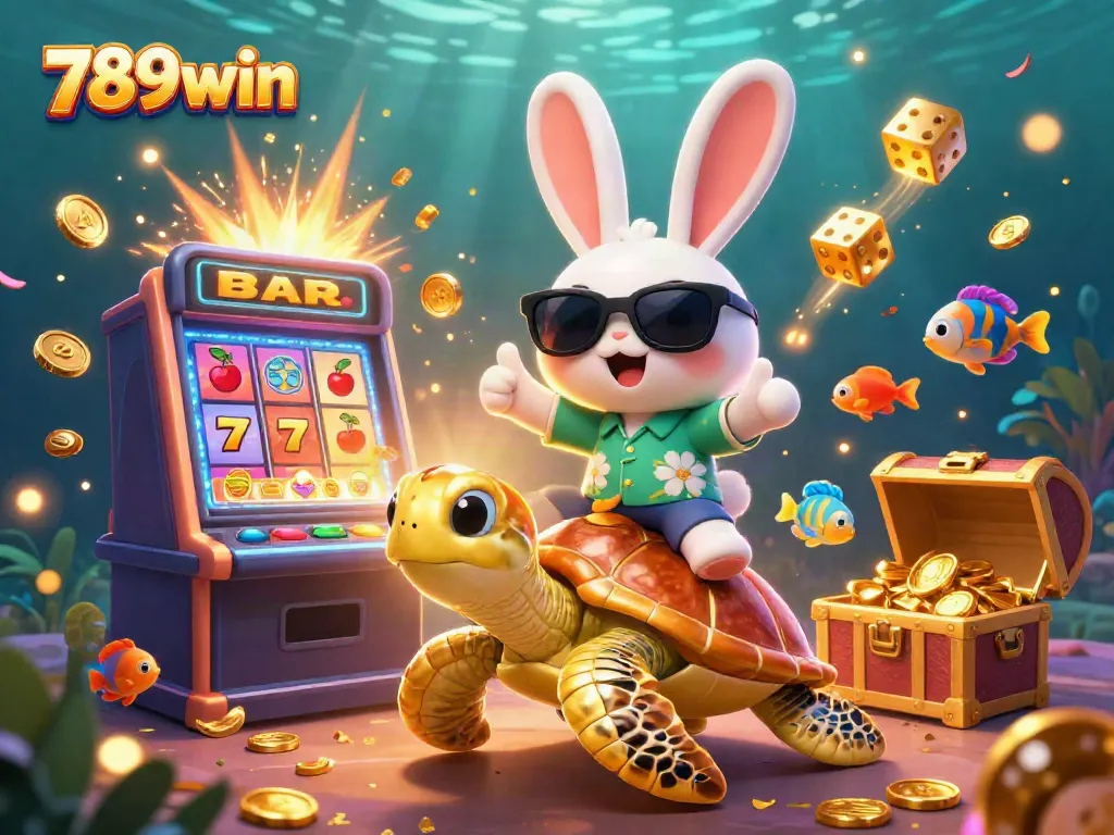 Experience the thrill of 789win with a fun illustration of a lucky rabbit and golden turtle in a vibrant casino scene.