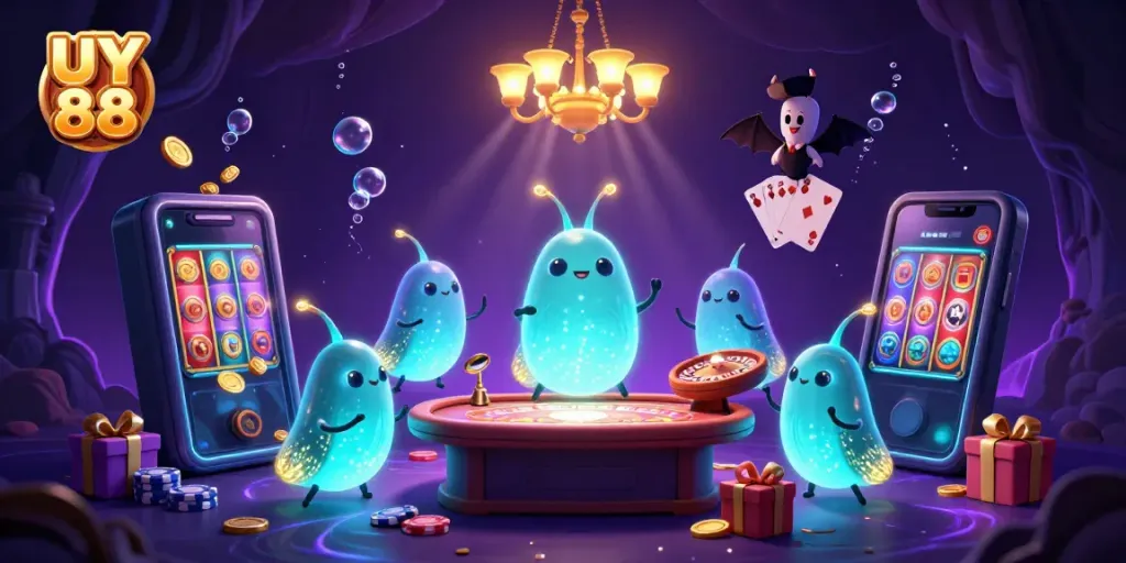 Engaging UY 88 casino illustration with glowworms and a bat dealer showcasing excitement in a vibrant cave setting.