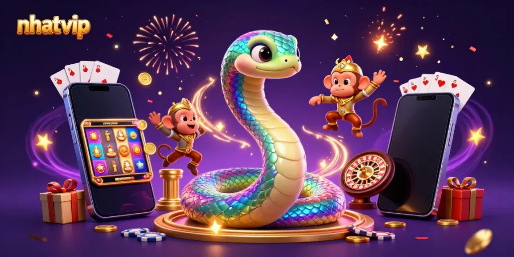 Nhatvip slot gaming scene with a rainbow serpent and monkey king, capturing vibrant excitement.