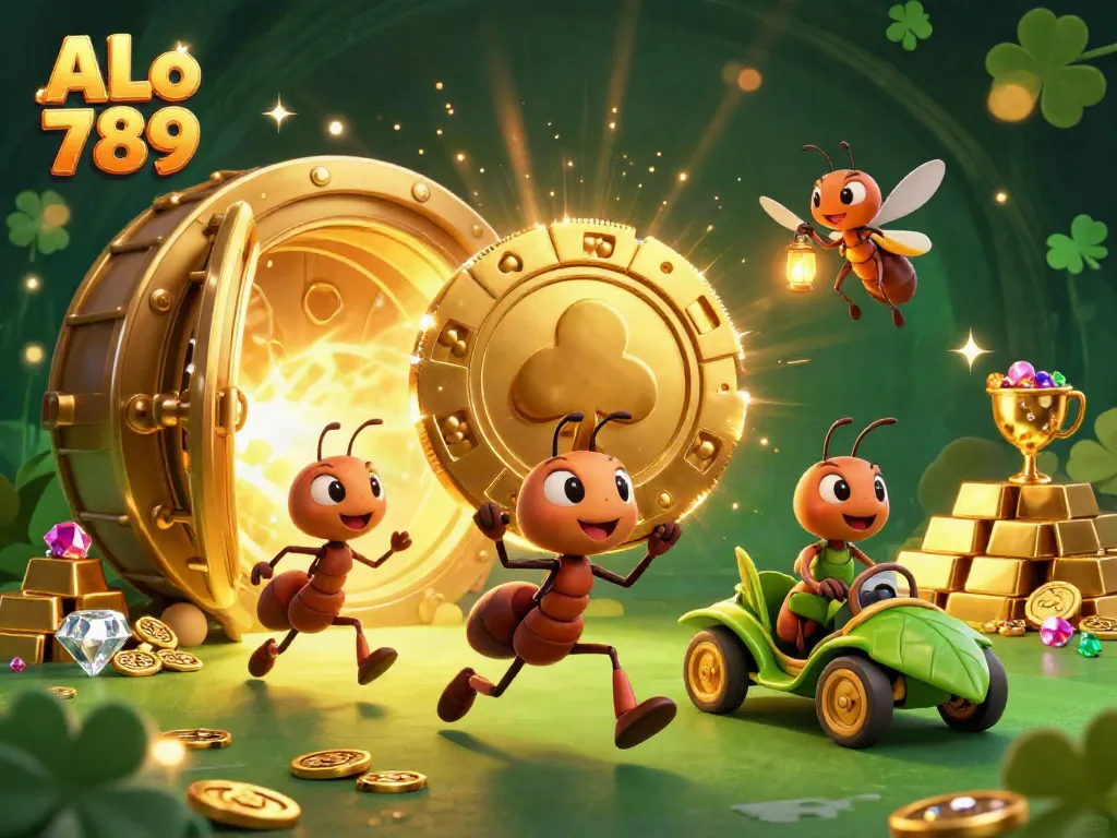 Engaging illustration depicting a lively scene with ants carrying a gigantic poker chip for ALo 789 in a vibrant tunnel.