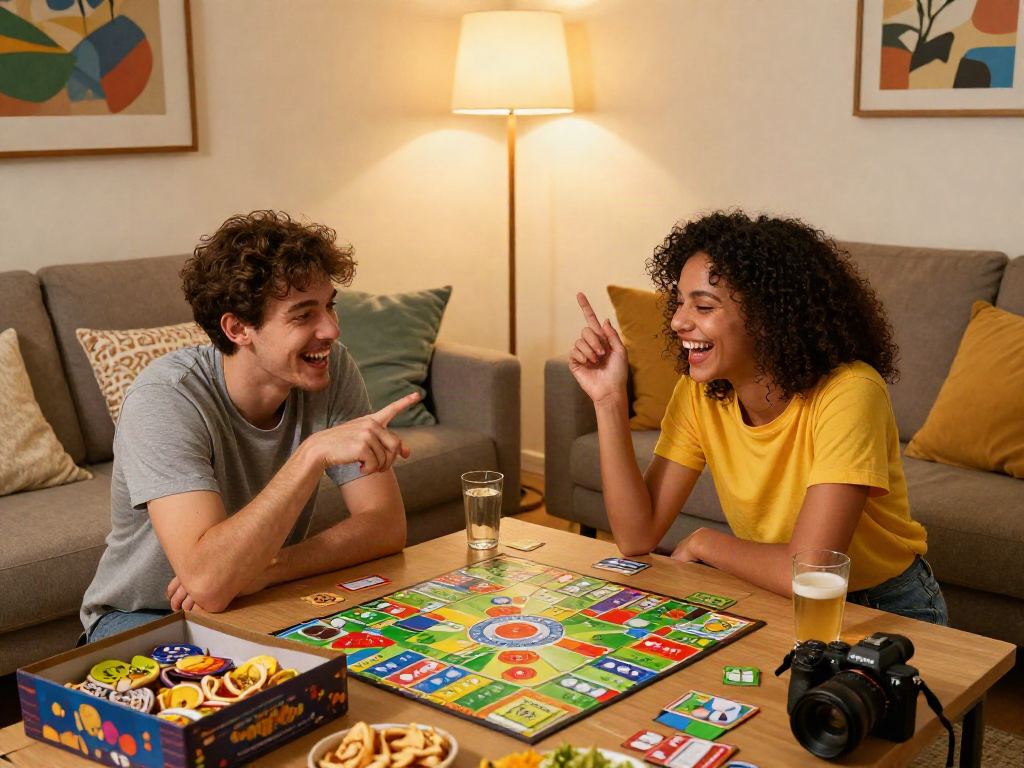 Engaging couple enjoying a lively sex game night in a cozy living room.