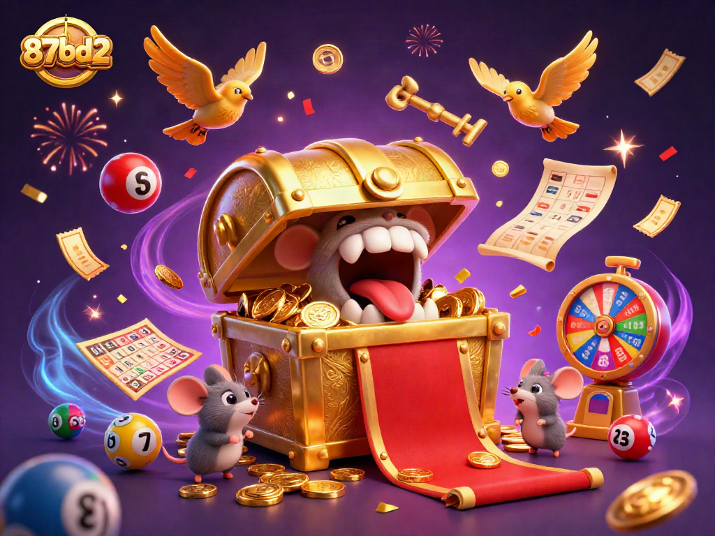 Engage with 87bd2's vibrant 3D depiction of a treasure chest enticing players with colorful lottery elements.
