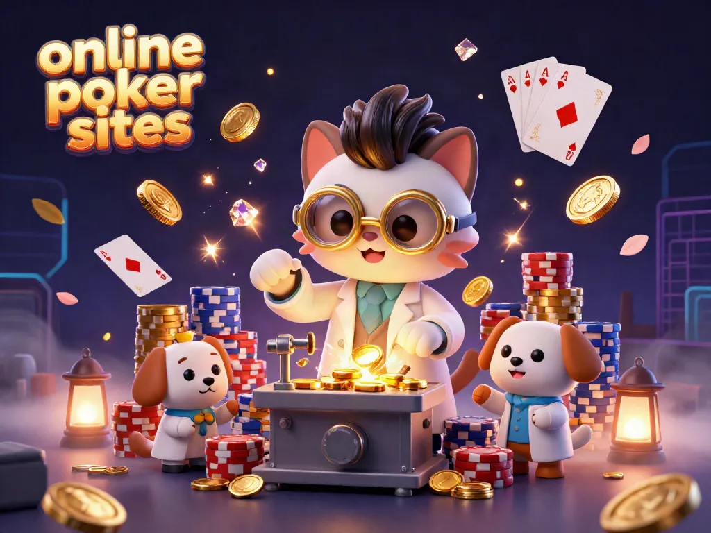 Engaging 3D illustration highlighting online poker sites with a scientist cat and assistant amidst vibrant casino elements.