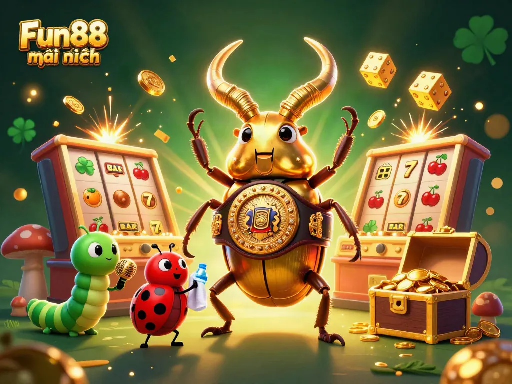 Experience Fun88 mới nhất with dynamic casino action featuring a golden stag beetle champion and vibrant game elements.