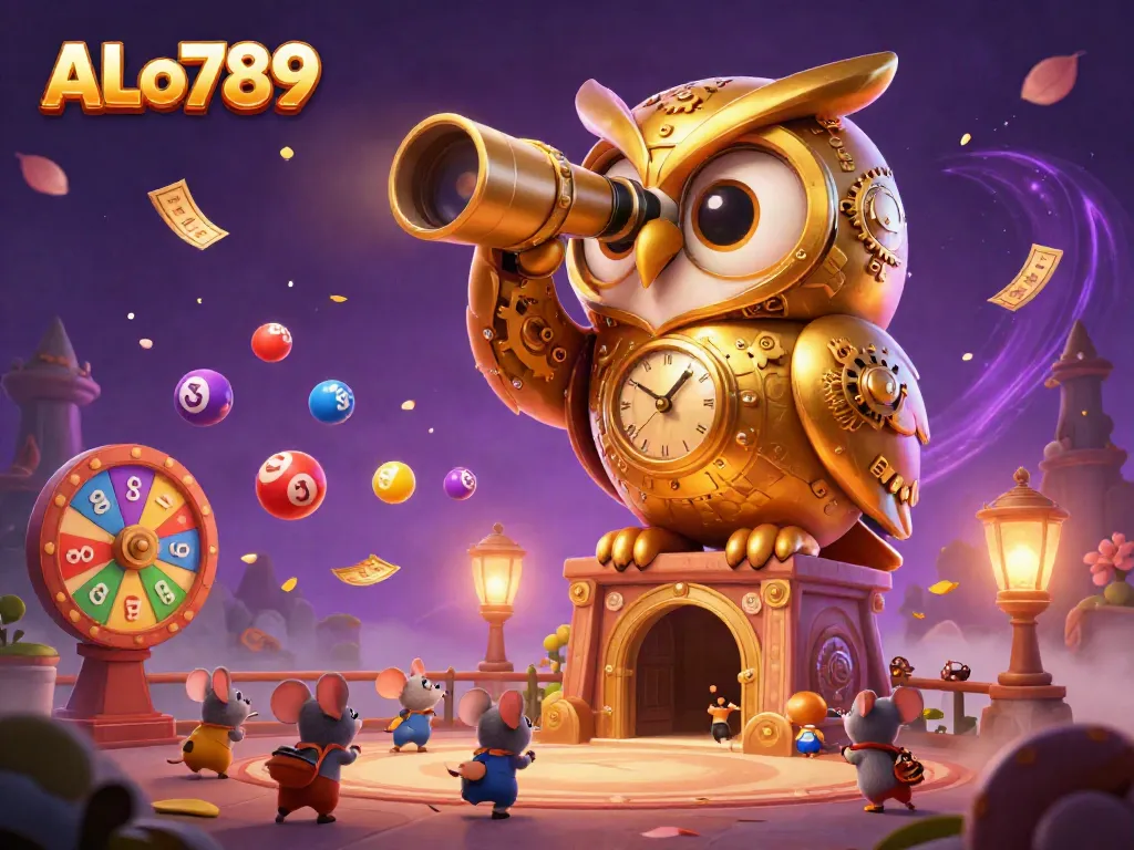 Watch ALo789's golden owl oversee the thrilling cockfighting action in a vibrant, dynamic casino scene.