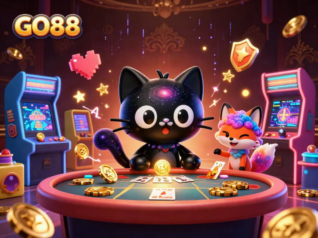 Engage with GO88 in an awe-inspiring cosmic casino adventure featuring vibrant characters and gaming elements.