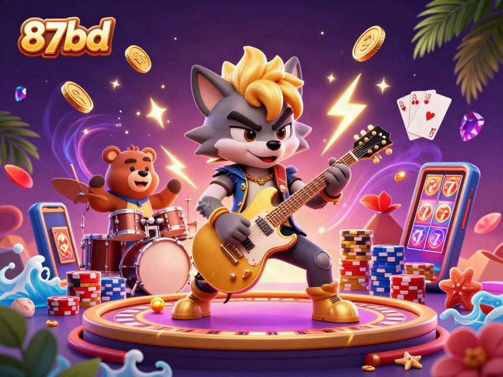 Experience the thrill of 87bd with a 3D rock star wolf and drummer bear on a vibrant casino stage.
