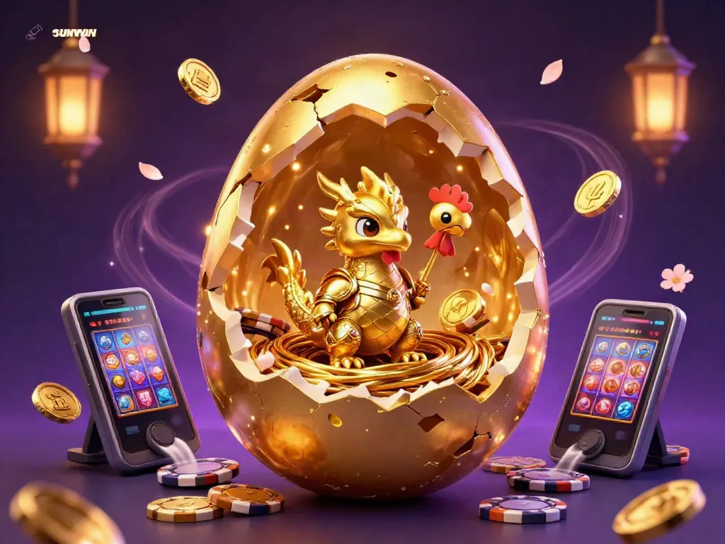 Experience the excitement of SUNWIN with a captivating golden dragon illustration amidst dynamic casino elements.