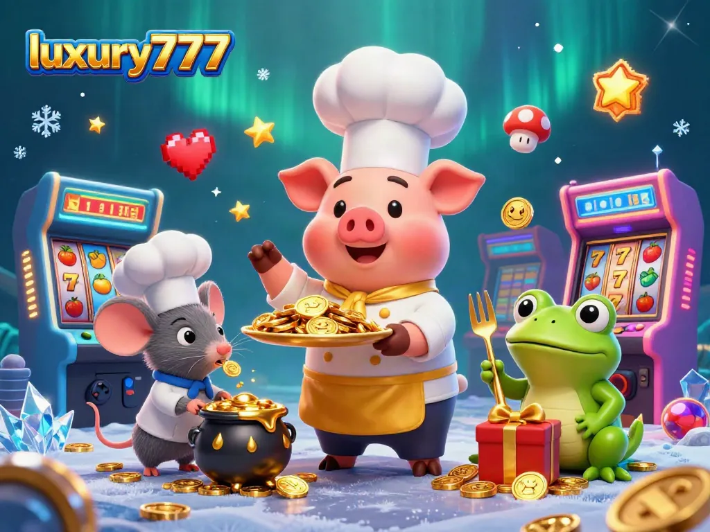 Experience luxury777 slots featuring vibrant characters and golden treasures in an enchanting casino scene.