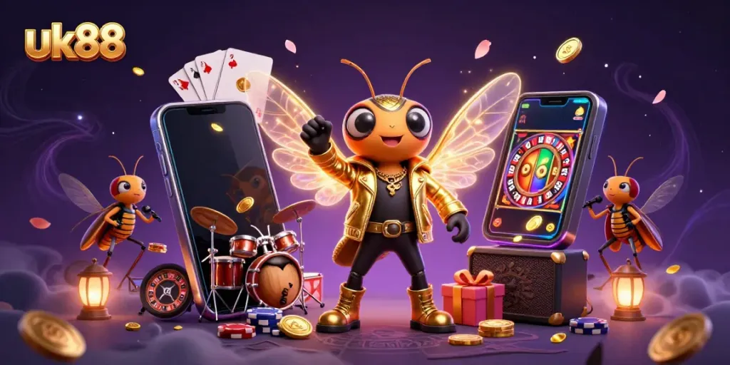 Engage in a vibrant UK88 casino experience with an artistically illustrated scene featuring a rock star cicada and dynamic game elements.