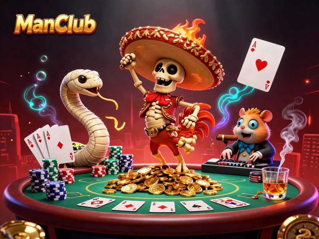 Engaging 3D scene of ManClub characters celebrating with vibrant casino elements, showcasing a lively atmosphere.