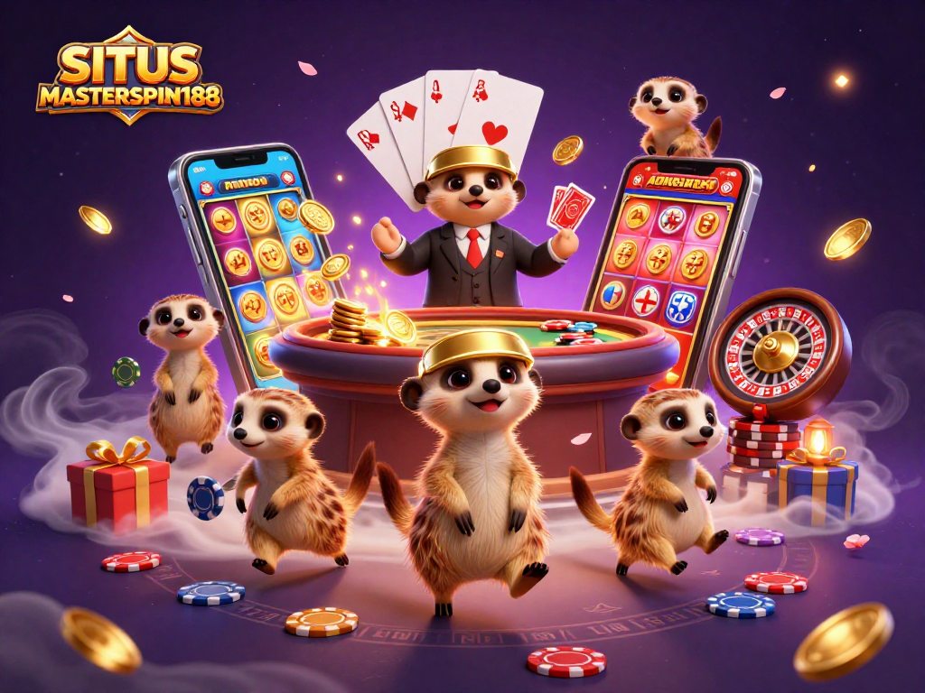 Engage with SITUS MASTERSPIN188 in a vibrant 3D casino scene filled with meerkats and games.