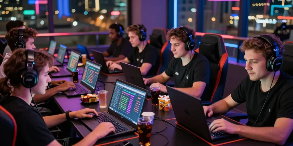 Engaged gamers excitedly betting on FABET platform in a vibrant lounge.