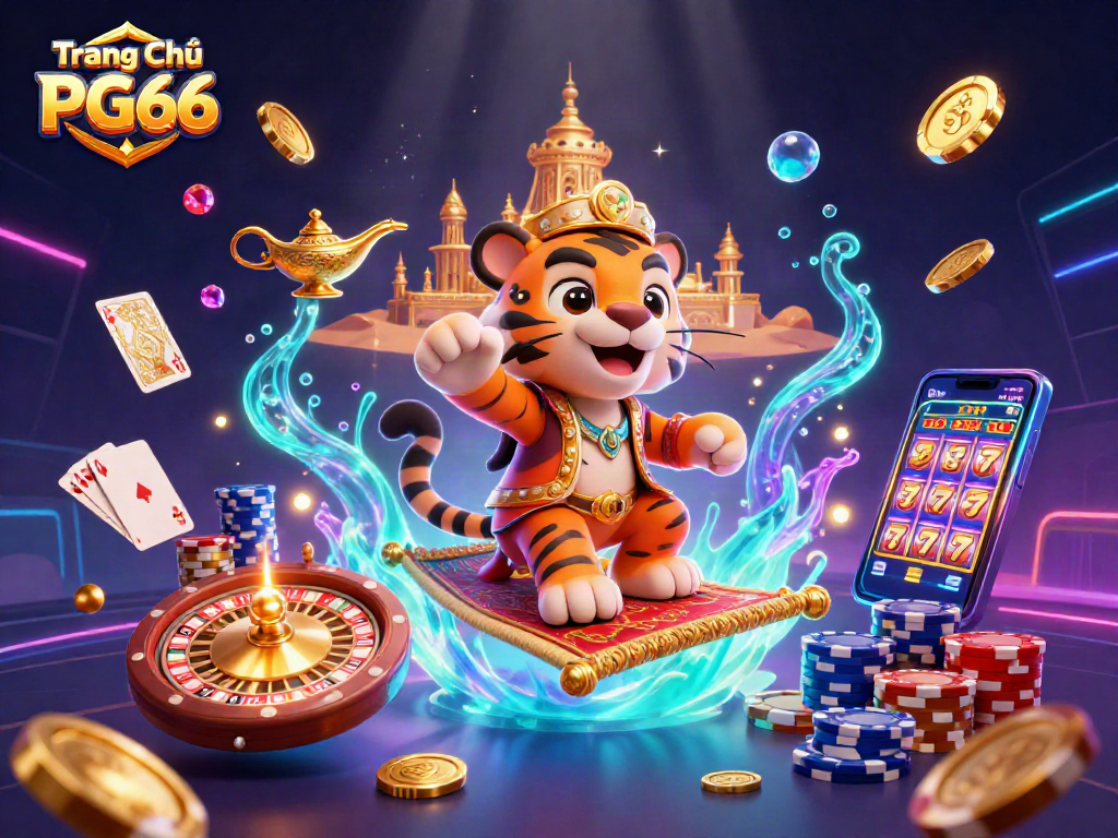 Experience the thrill of Trang Chủ PG66 with a vibrant 3D casino illustration showcasing slots and roulette.