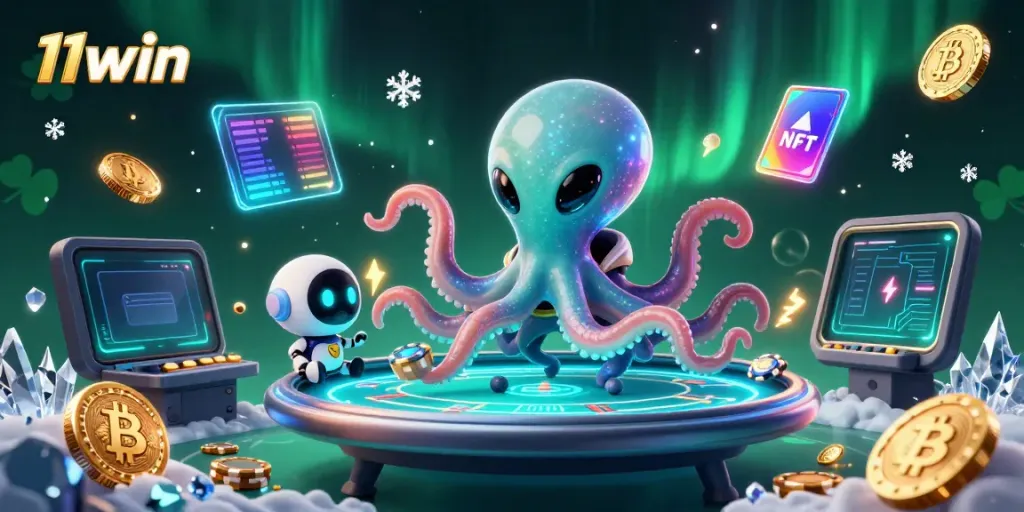 Experience thrilling gameplay with 11win as the alien octopus leader manages a poker table.