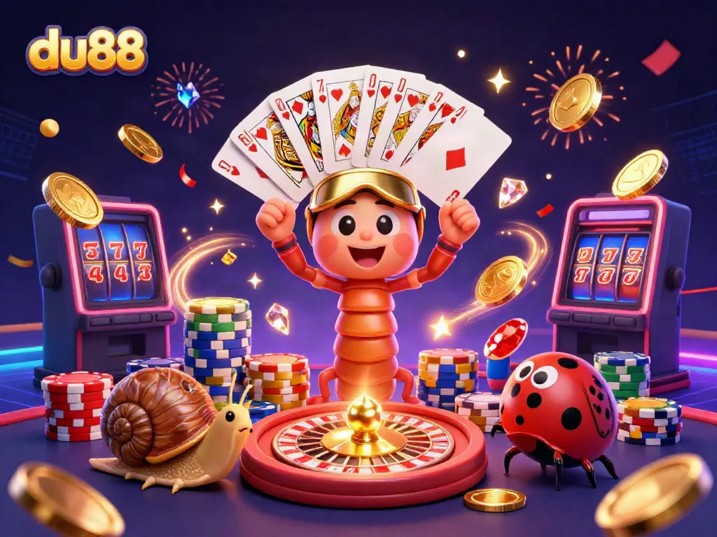 Experience excitement with du88 as a cartoon millipede dealer fanning playing cards amid sparkling casino elements.