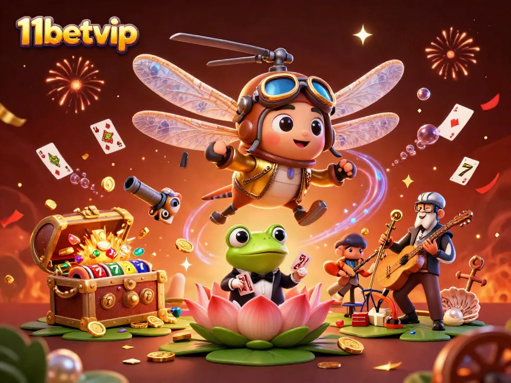 Experience thrilling gameplay at 11betvip as a dragonfly pilot oversees a vibrant casino scene filled with excitement.