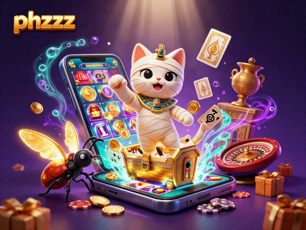 Experience phzzz with vibrant casino fun, featuring a mummy cat and glowing scarab in action