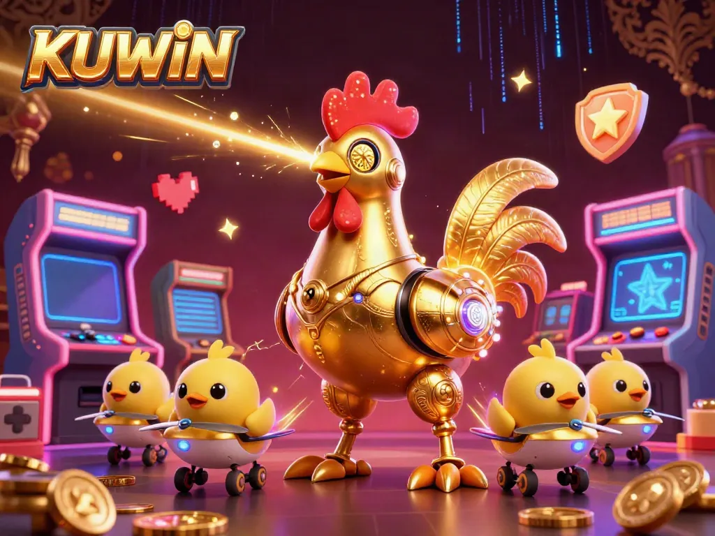 Engage in casino excitement with KUWIN's golden rooster robot and baby chick drones amid vibrant game elements.