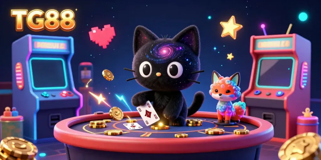 Engage with TG88's cosmic casino, featuring a black hole cat and colorful elements enticing players.