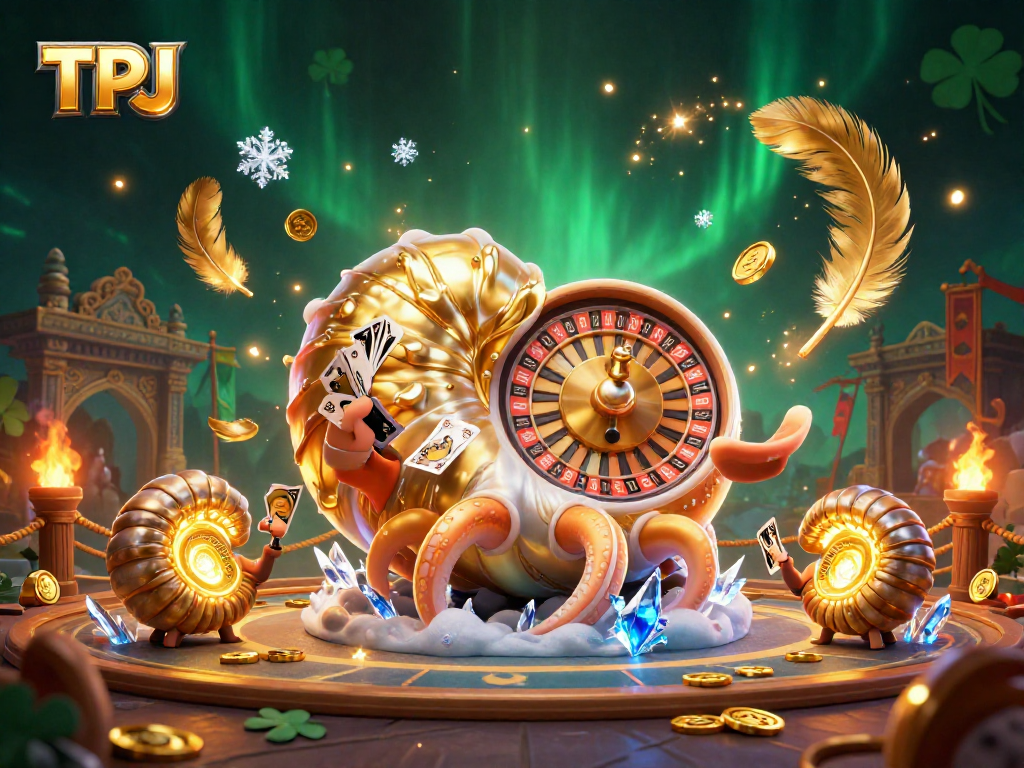Engage with TPJ's dynamic casino environment featuring a giant nautilus as a roulette wheel, enticing gamblers.