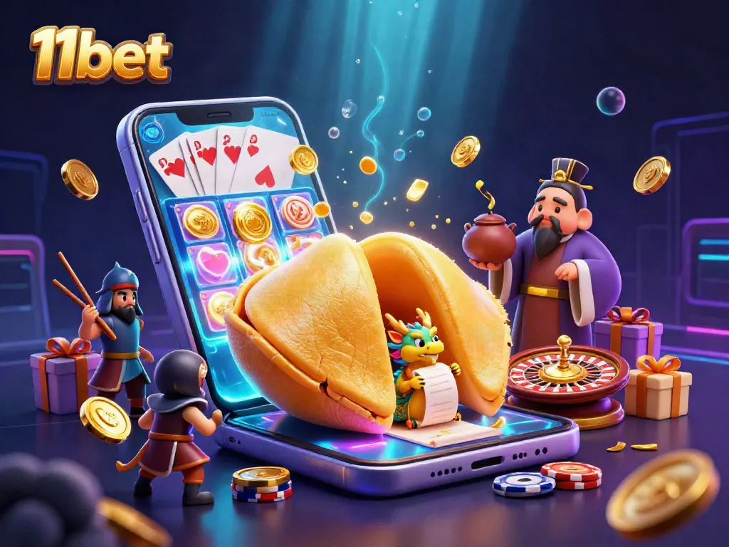 Engage in thrilling gameplay with 11bet featuring a vibrant 3D illustration of casino elements and characters.