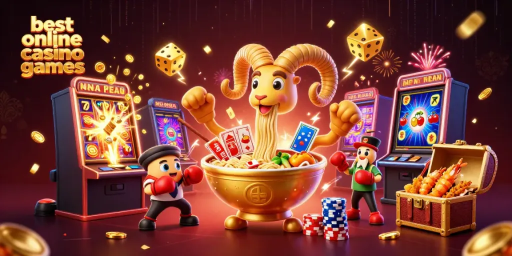 Experience the thrill of the best online casino games with a vibrant 3D illustration featuring dynamic casino characters and slots.