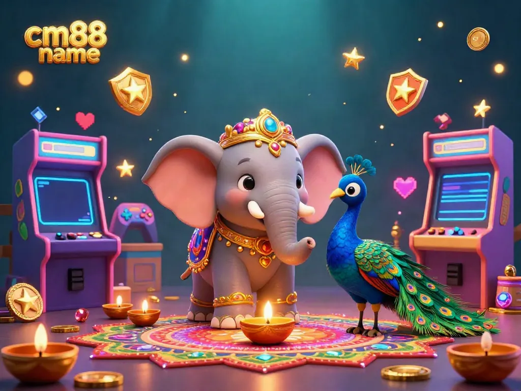 Experience the vibrant energy of cm88 name with a colorful casino illustration featuring an ornate elephant and arcade elements.