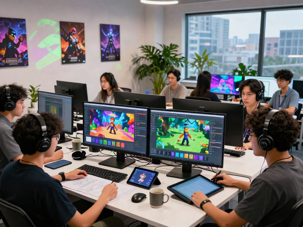 Game developers designing a porn game in a vibrant digital studio.