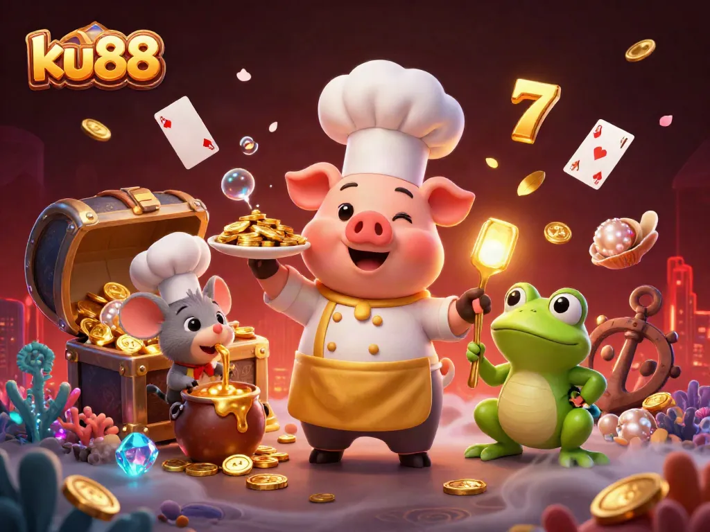 ku88 celebrates winning moments at a lively online casino scene with vibrant characters and golden treasures.