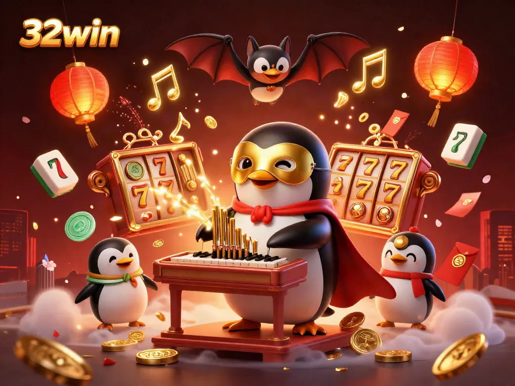 Experience the 32win magic with a 3D scene of a phantom opera penguin playing an organ amidst floating casino elements.