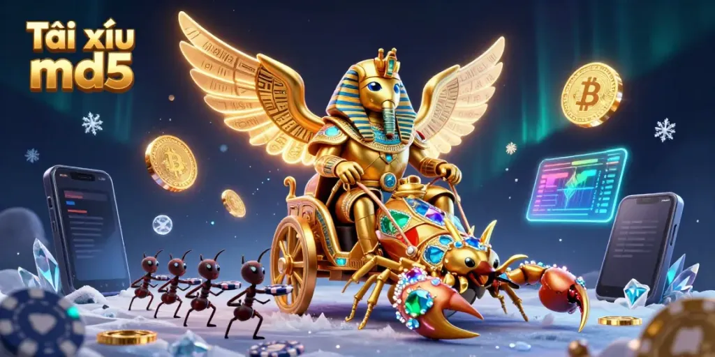 Experience Tài xỉu md5 with dazzling casino elements, featuring a golden scarab beetle and crypto themes.