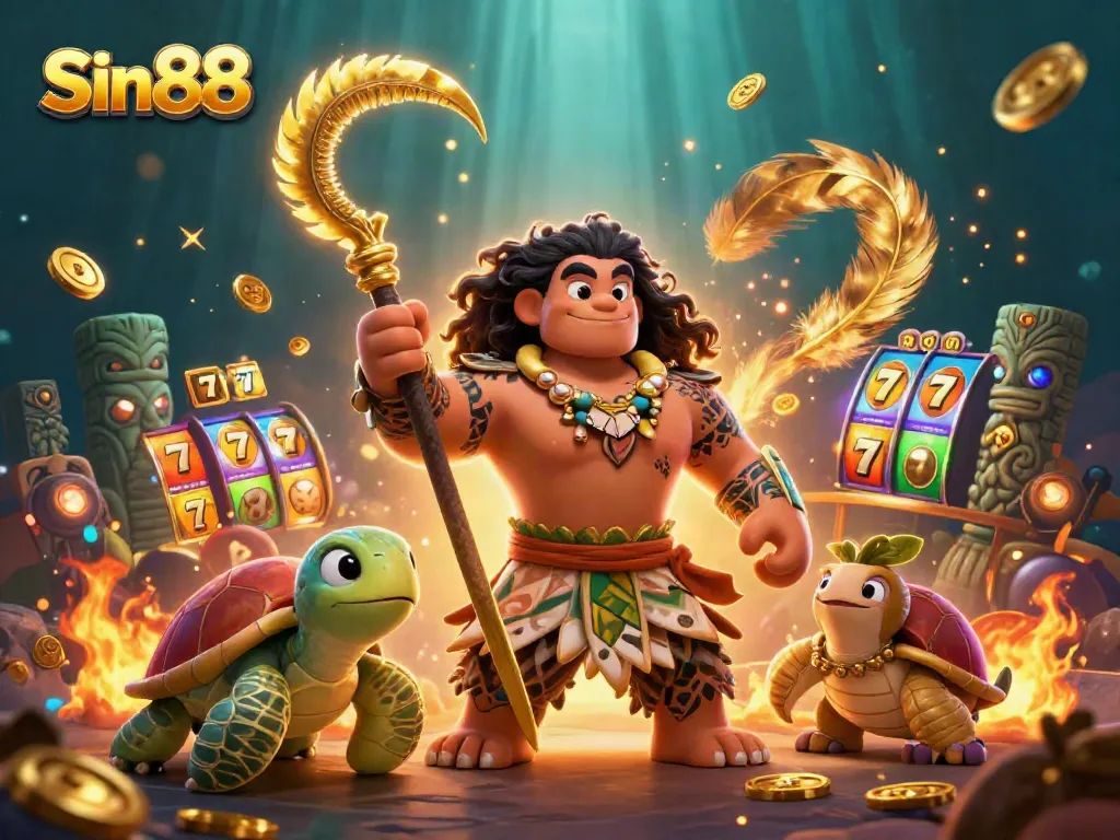Catch the excitement of Sin88 with a thrilling casino scene featuring vibrant slot reels and dynamic elements.