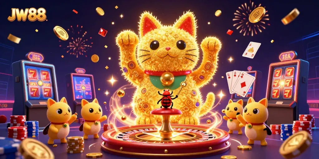 Engage with JW88 and enjoy thrilling casino games, featuring a giant lucky cat and vibrant gaming elements.