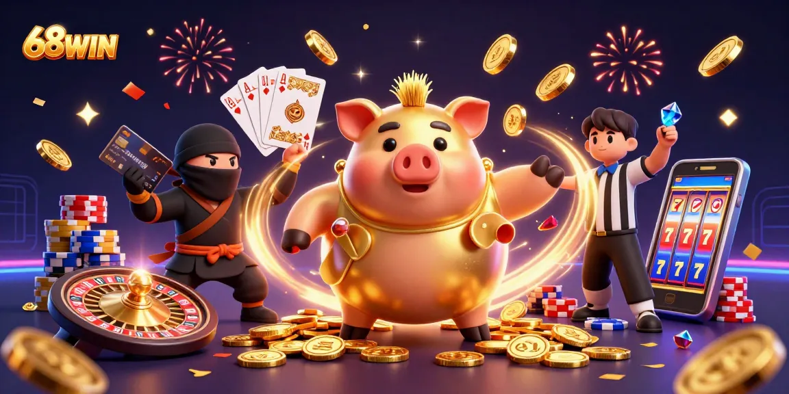 Winning big with 68WIN: A dynamic 3D scene featuring casino fun and excitement.