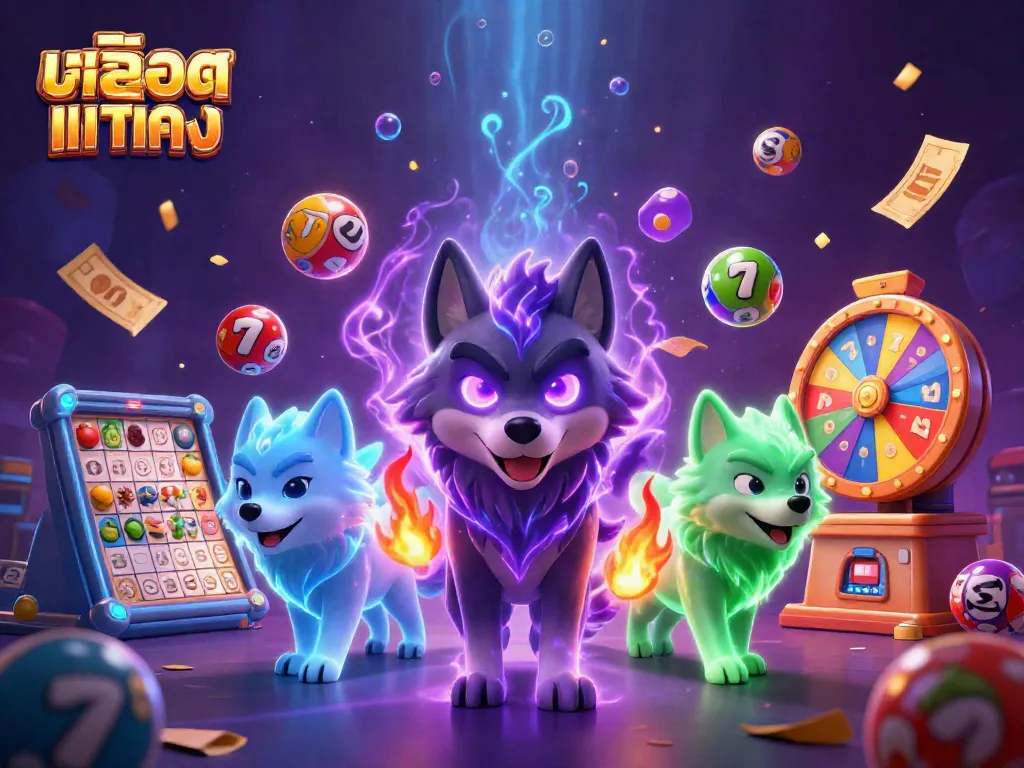 Engage with the vibrant world of สล็อตแท้ตรง featuring a shadow wolf leader amidst dynamic slots and lottery elements.